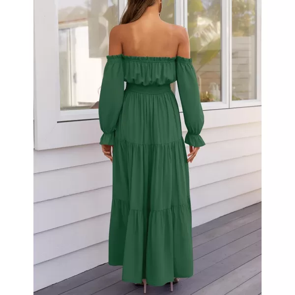 ZESICA Womens 2024 Boho Sexy Off Shoulder Long Sleeve Smocked High Waist Side Split Flowy A Line Tiered Long Maxi DressDark Green