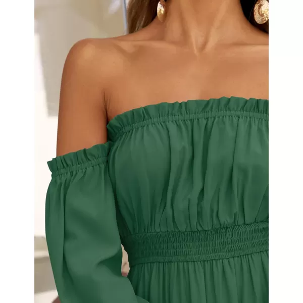 ZESICA Womens 2024 Boho Sexy Off Shoulder Long Sleeve Smocked High Waist Side Split Flowy A Line Tiered Long Maxi DressDark Green