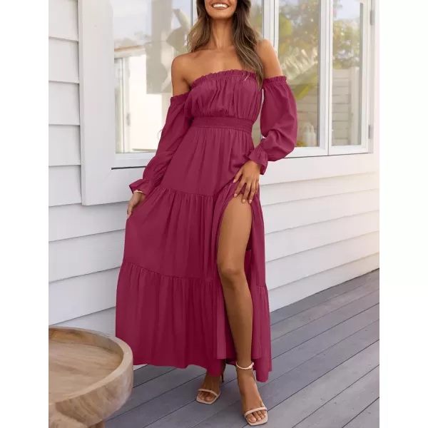 ZESICA Womens 2024 Boho Sexy Off Shoulder Long Sleeve Smocked High Waist Side Split Flowy A Line Tiered Long Maxi DressFuchsia
