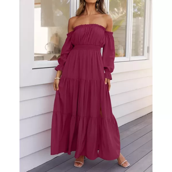 ZESICA Womens 2024 Boho Sexy Off Shoulder Long Sleeve Smocked High Waist Side Split Flowy A Line Tiered Long Maxi DressFuchsia
