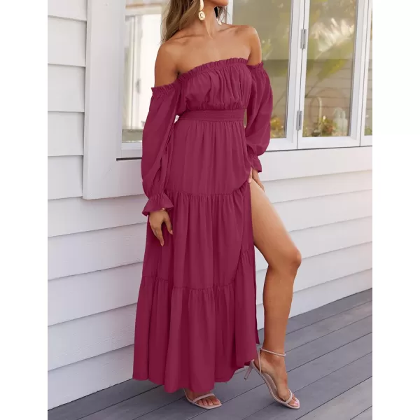 ZESICA Womens 2024 Boho Sexy Off Shoulder Long Sleeve Smocked High Waist Side Split Flowy A Line Tiered Long Maxi DressFuchsia