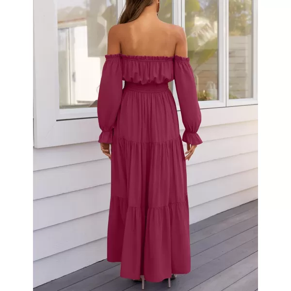 ZESICA Womens 2024 Boho Sexy Off Shoulder Long Sleeve Smocked High Waist Side Split Flowy A Line Tiered Long Maxi DressFuchsia