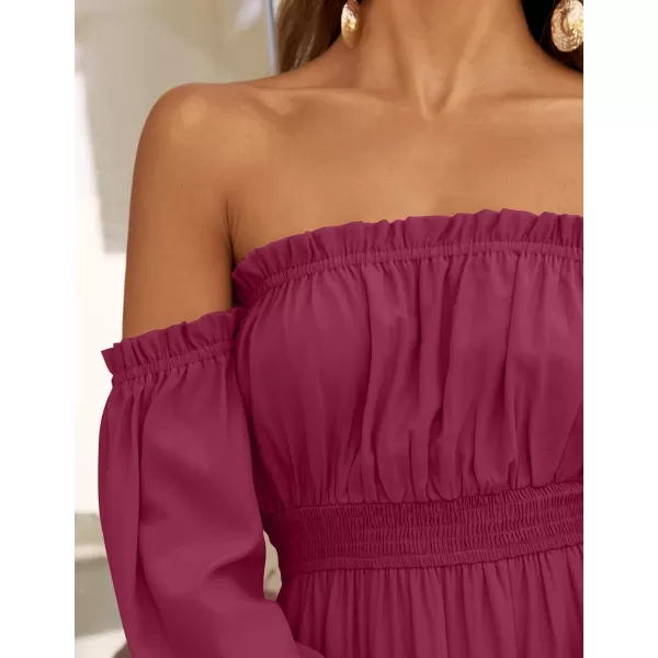 ZESICA Womens 2024 Boho Sexy Off Shoulder Long Sleeve Smocked High Waist Side Split Flowy A Line Tiered Long Maxi DressFuchsia
