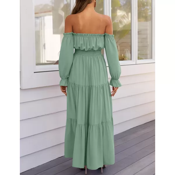ZESICA Womens 2024 Boho Sexy Off Shoulder Long Sleeve Smocked High Waist Side Split Flowy A Line Tiered Long Maxi DressGreen