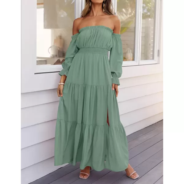 ZESICA Womens 2024 Boho Sexy Off Shoulder Long Sleeve Smocked High Waist Side Split Flowy A Line Tiered Long Maxi DressGreen