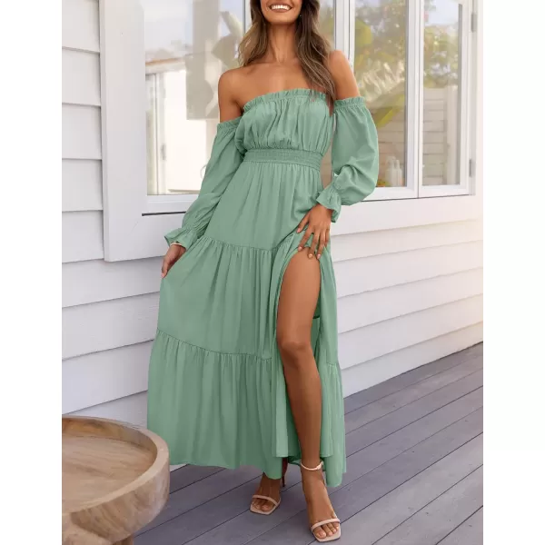 ZESICA Womens 2024 Boho Sexy Off Shoulder Long Sleeve Smocked High Waist Side Split Flowy A Line Tiered Long Maxi DressGreen