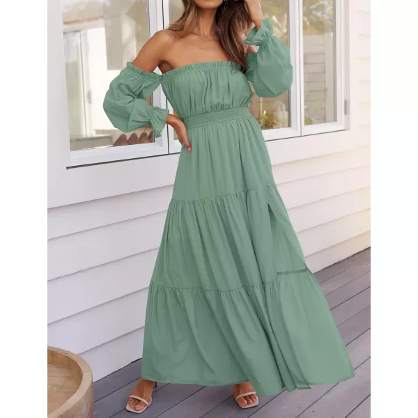 ZESICA Womens 2024 Boho Sexy Off Shoulder Long Sleeve Smocked High Waist Side Split Flowy A Line Tiered Long Maxi DressGreen