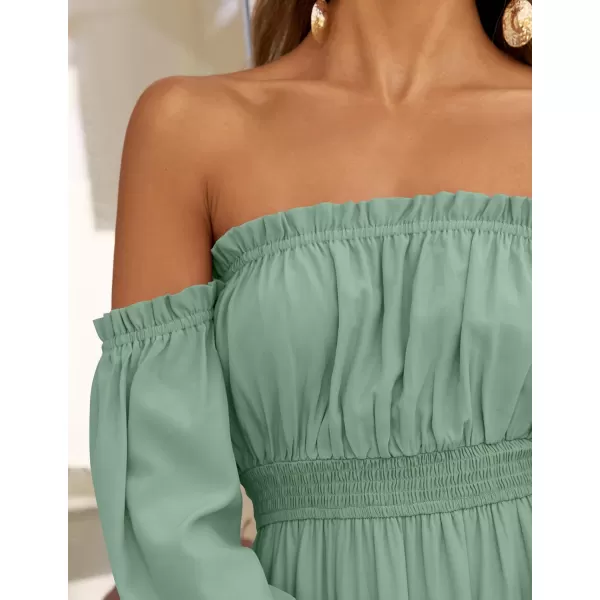 ZESICA Womens 2024 Boho Sexy Off Shoulder Long Sleeve Smocked High Waist Side Split Flowy A Line Tiered Long Maxi DressGreen