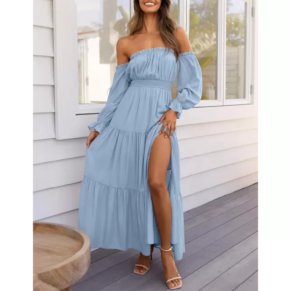 ZESICA Womens 2024 Boho Sexy Off Shoulder Long Sleeve Smocked High Waist Side Split Flowy A Line Tiered Long Maxi DressLight Blue