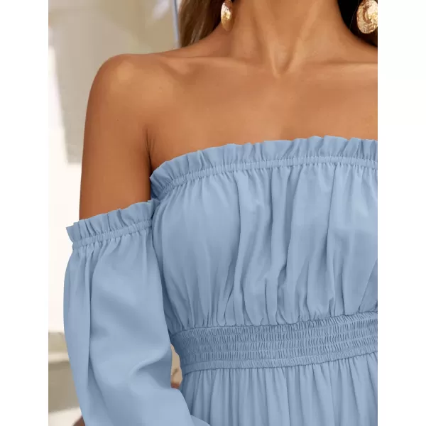 ZESICA Womens 2024 Boho Sexy Off Shoulder Long Sleeve Smocked High Waist Side Split Flowy A Line Tiered Long Maxi DressLight Blue