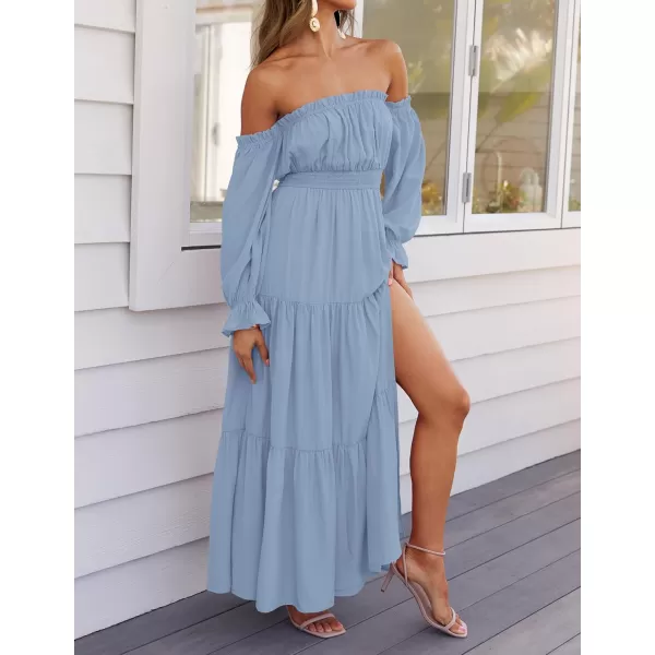 ZESICA Womens 2024 Boho Sexy Off Shoulder Long Sleeve Smocked High Waist Side Split Flowy A Line Tiered Long Maxi DressLight Blue