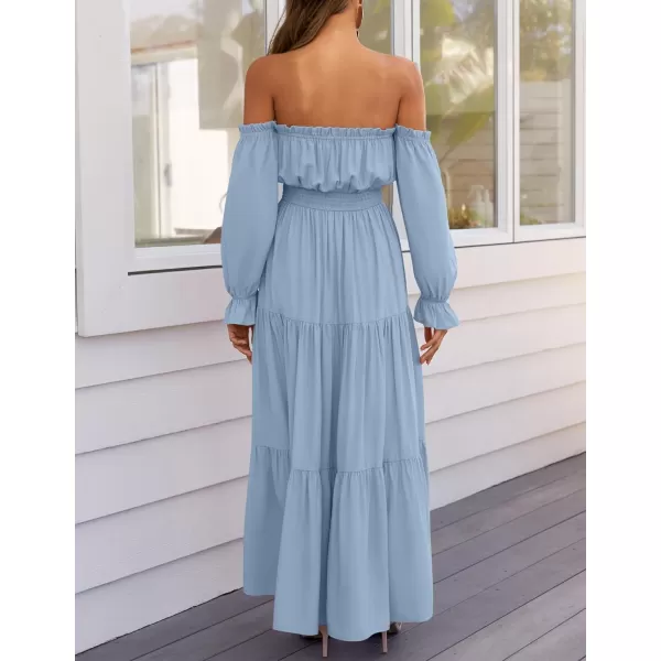 ZESICA Womens 2024 Boho Sexy Off Shoulder Long Sleeve Smocked High Waist Side Split Flowy A Line Tiered Long Maxi DressLight Blue