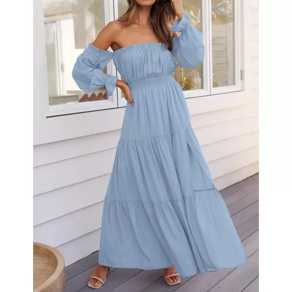 ZESICA Womens 2024 Boho Sexy Off Shoulder Long Sleeve Smocked High Waist Side Split Flowy A Line Tiered Long Maxi DressLight Blue
