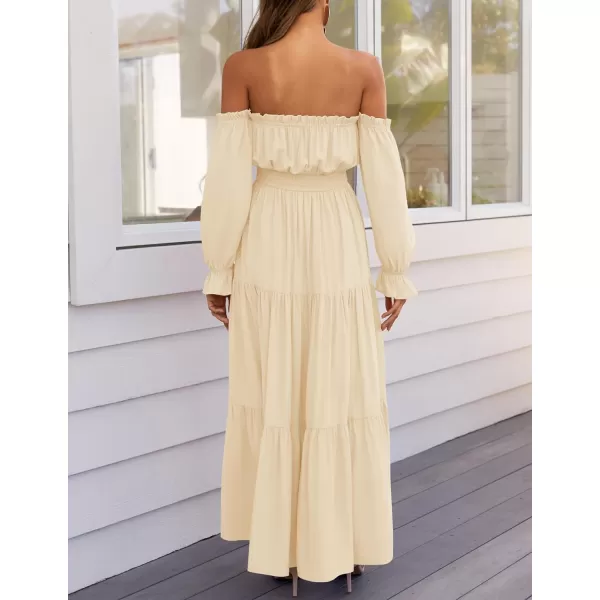 ZESICA Womens 2024 Boho Sexy Off Shoulder Long Sleeve Smocked High Waist Side Split Flowy A Line Tiered Long Maxi DressLight Yellow