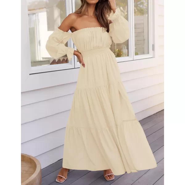 ZESICA Womens 2024 Boho Sexy Off Shoulder Long Sleeve Smocked High Waist Side Split Flowy A Line Tiered Long Maxi DressLight Yellow