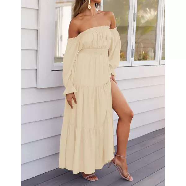 ZESICA Womens 2024 Boho Sexy Off Shoulder Long Sleeve Smocked High Waist Side Split Flowy A Line Tiered Long Maxi DressLight Yellow