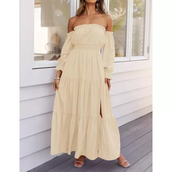 ZESICA Womens 2024 Boho Sexy Off Shoulder Long Sleeve Smocked High Waist Side Split Flowy A Line Tiered Long Maxi DressLight Yellow