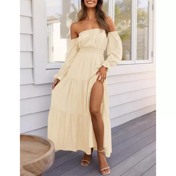 ZESICA Womens 2024 Boho Sexy Off Shoulder Long Sleeve Smocked High Waist Side Split Flowy A Line Tiered Long Maxi DressLight Yellow