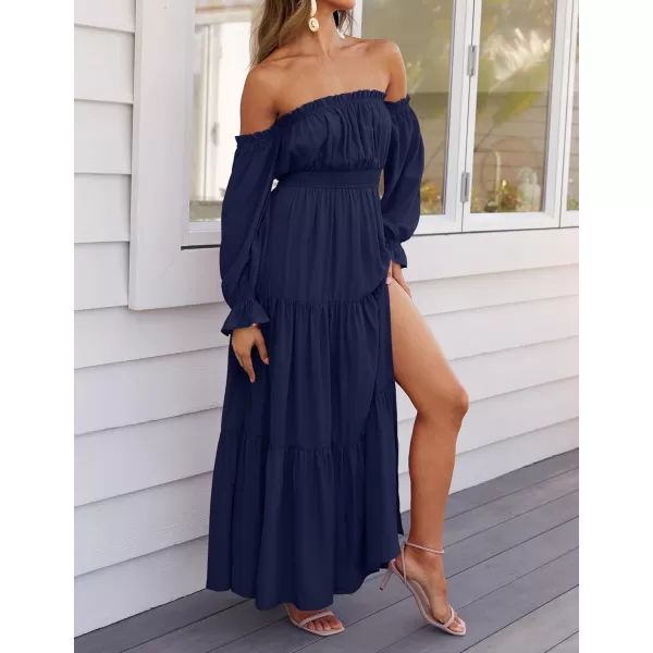 ZESICA Womens 2024 Boho Sexy Off Shoulder Long Sleeve Smocked High Waist Side Split Flowy A Line Tiered Long Maxi DressNavy
