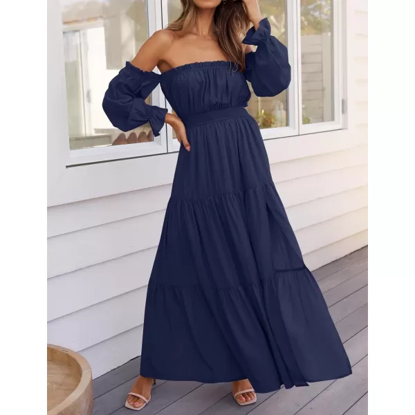 ZESICA Womens 2024 Boho Sexy Off Shoulder Long Sleeve Smocked High Waist Side Split Flowy A Line Tiered Long Maxi DressNavy