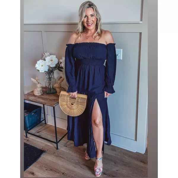 ZESICA Womens 2024 Boho Sexy Off Shoulder Long Sleeve Smocked High Waist Side Split Flowy A Line Tiered Long Maxi DressNavy