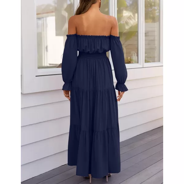 ZESICA Womens 2024 Boho Sexy Off Shoulder Long Sleeve Smocked High Waist Side Split Flowy A Line Tiered Long Maxi DressNavy