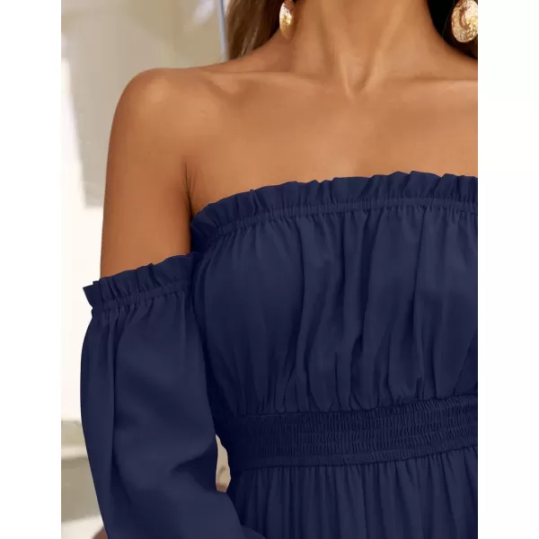 ZESICA Womens 2024 Boho Sexy Off Shoulder Long Sleeve Smocked High Waist Side Split Flowy A Line Tiered Long Maxi DressNavy