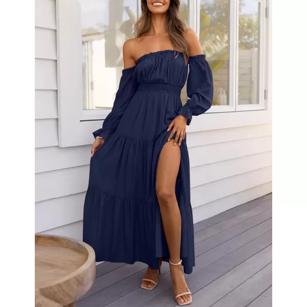 ZESICA Womens 2024 Boho Sexy Off Shoulder Long Sleeve Smocked High Waist Side Split Flowy A Line Tiered Long Maxi DressNavy