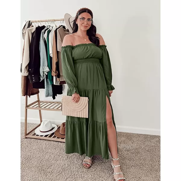 ZESICA Womens 2024 Boho Sexy Off Shoulder Long Sleeve Smocked High Waist Side Split Flowy A Line Tiered Long Maxi DressOlive