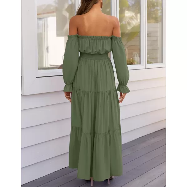 ZESICA Womens 2024 Boho Sexy Off Shoulder Long Sleeve Smocked High Waist Side Split Flowy A Line Tiered Long Maxi DressOlive