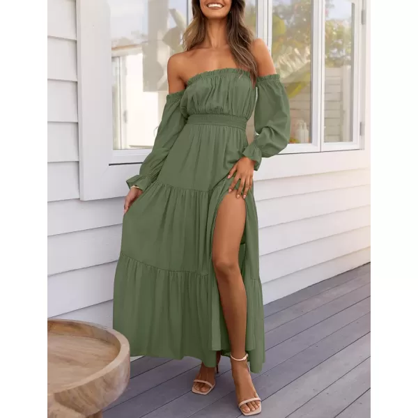 ZESICA Womens 2024 Boho Sexy Off Shoulder Long Sleeve Smocked High Waist Side Split Flowy A Line Tiered Long Maxi DressOlive