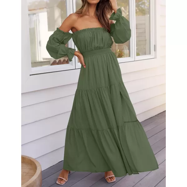 ZESICA Womens 2024 Boho Sexy Off Shoulder Long Sleeve Smocked High Waist Side Split Flowy A Line Tiered Long Maxi DressOlive