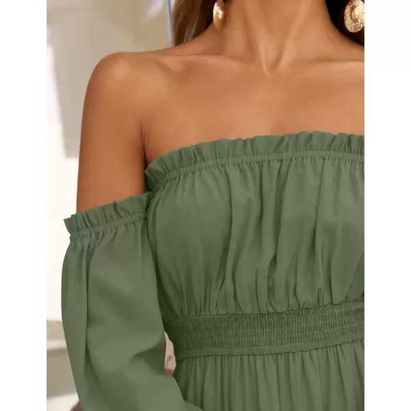 ZESICA Womens 2024 Boho Sexy Off Shoulder Long Sleeve Smocked High Waist Side Split Flowy A Line Tiered Long Maxi DressOlive