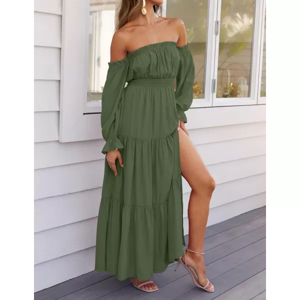 ZESICA Womens 2024 Boho Sexy Off Shoulder Long Sleeve Smocked High Waist Side Split Flowy A Line Tiered Long Maxi DressOlive