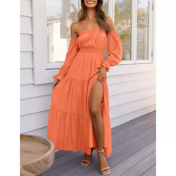 ZESICA Womens 2024 Boho Sexy Off Shoulder Long Sleeve Smocked High Waist Side Split Flowy A Line Tiered Long Maxi DressOrange