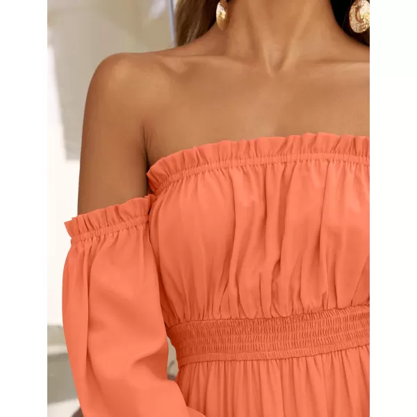 ZESICA Womens 2024 Boho Sexy Off Shoulder Long Sleeve Smocked High Waist Side Split Flowy A Line Tiered Long Maxi DressOrange