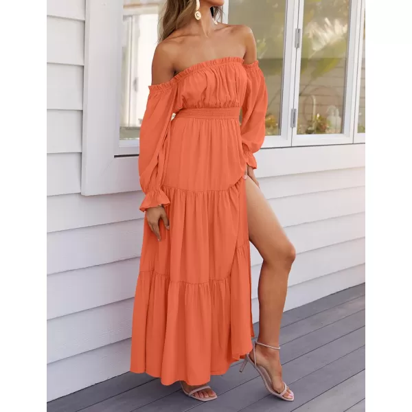 ZESICA Womens 2024 Boho Sexy Off Shoulder Long Sleeve Smocked High Waist Side Split Flowy A Line Tiered Long Maxi DressOrange