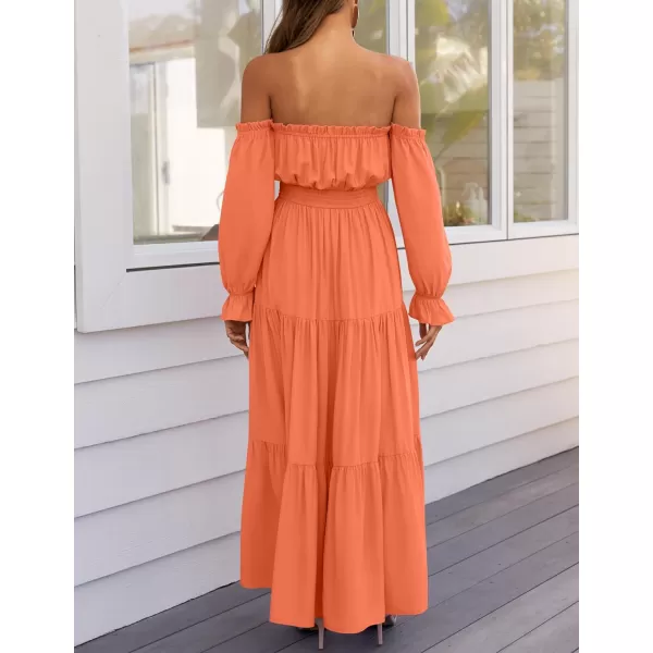 ZESICA Womens 2024 Boho Sexy Off Shoulder Long Sleeve Smocked High Waist Side Split Flowy A Line Tiered Long Maxi DressOrange