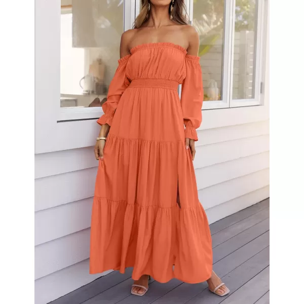 ZESICA Womens 2024 Boho Sexy Off Shoulder Long Sleeve Smocked High Waist Side Split Flowy A Line Tiered Long Maxi DressOrange