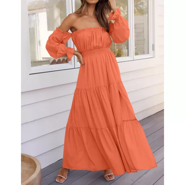 ZESICA Womens 2024 Boho Sexy Off Shoulder Long Sleeve Smocked High Waist Side Split Flowy A Line Tiered Long Maxi DressOrange