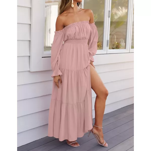 ZESICA Womens 2024 Boho Sexy Off Shoulder Long Sleeve Smocked High Waist Side Split Flowy A Line Tiered Long Maxi DressPink