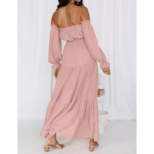 ZESICA Womens 2024 Boho Sexy Off Shoulder Long Sleeve Smocked High Waist Side Split Flowy A Line Tiered Long Maxi DressPink