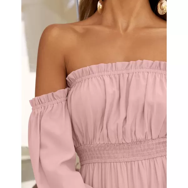 ZESICA Womens 2024 Boho Sexy Off Shoulder Long Sleeve Smocked High Waist Side Split Flowy A Line Tiered Long Maxi DressPink