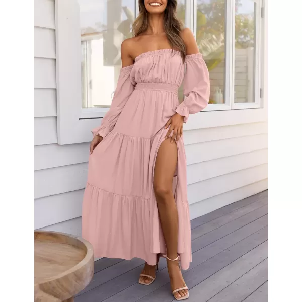 ZESICA Womens 2024 Boho Sexy Off Shoulder Long Sleeve Smocked High Waist Side Split Flowy A Line Tiered Long Maxi DressPink