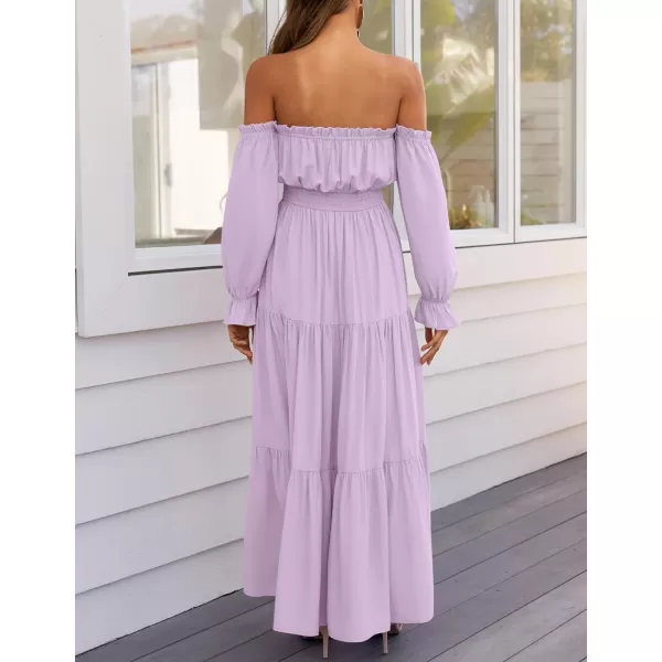ZESICA Womens 2024 Boho Sexy Off Shoulder Long Sleeve Smocked High Waist Side Split Flowy A Line Tiered Long Maxi DressPurple