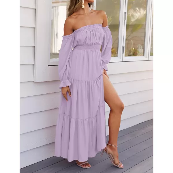 ZESICA Womens 2024 Boho Sexy Off Shoulder Long Sleeve Smocked High Waist Side Split Flowy A Line Tiered Long Maxi DressPurple