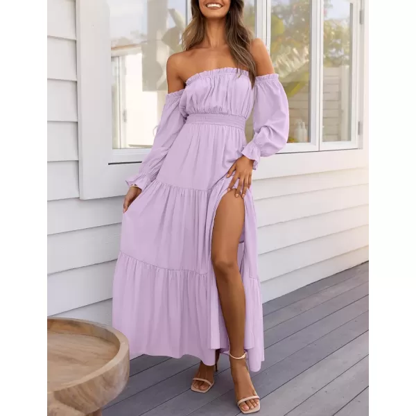 ZESICA Womens 2024 Boho Sexy Off Shoulder Long Sleeve Smocked High Waist Side Split Flowy A Line Tiered Long Maxi DressPurple