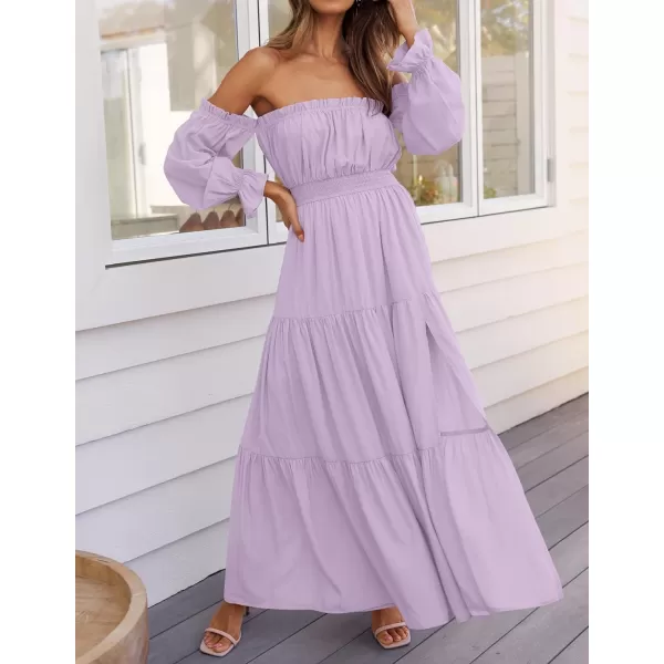 ZESICA Womens 2024 Boho Sexy Off Shoulder Long Sleeve Smocked High Waist Side Split Flowy A Line Tiered Long Maxi DressPurple