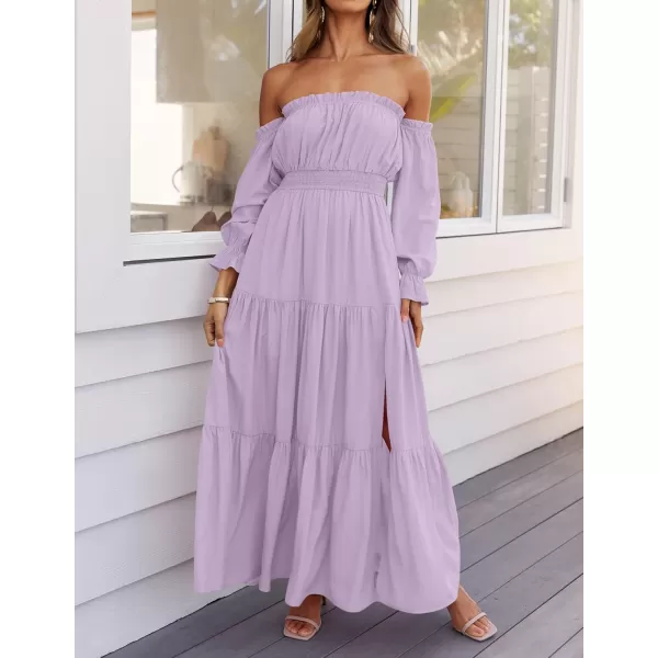 ZESICA Womens 2024 Boho Sexy Off Shoulder Long Sleeve Smocked High Waist Side Split Flowy A Line Tiered Long Maxi DressPurple
