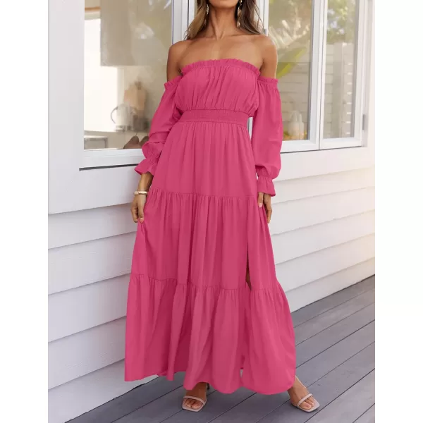 ZESICA Womens 2024 Boho Sexy Off Shoulder Long Sleeve Smocked High Waist Side Split Flowy A Line Tiered Long Maxi DressRose